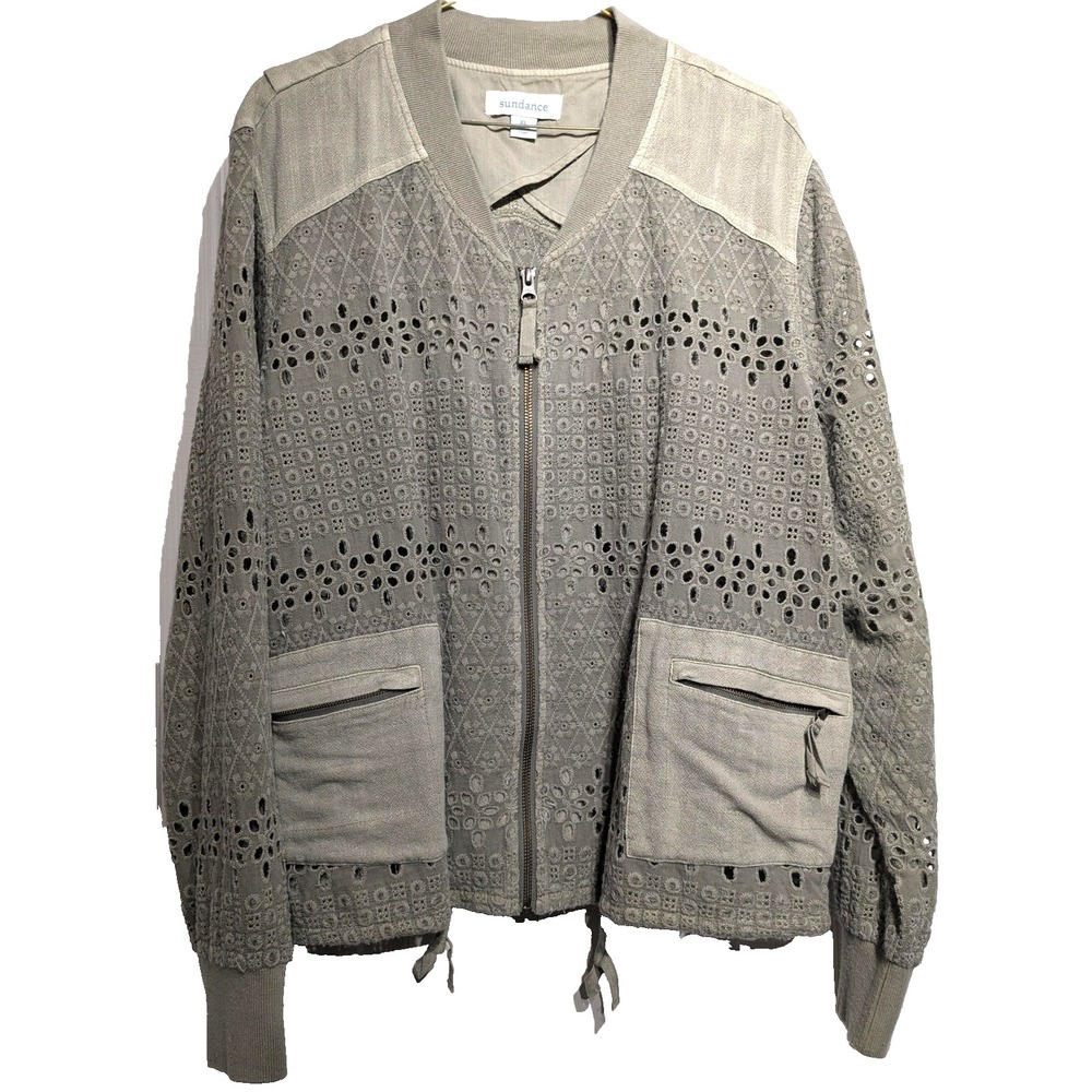 Sundance Jacket Womens XL Eyelet Embroidered Bomber Zip Up Pockets Boho Olive Gr